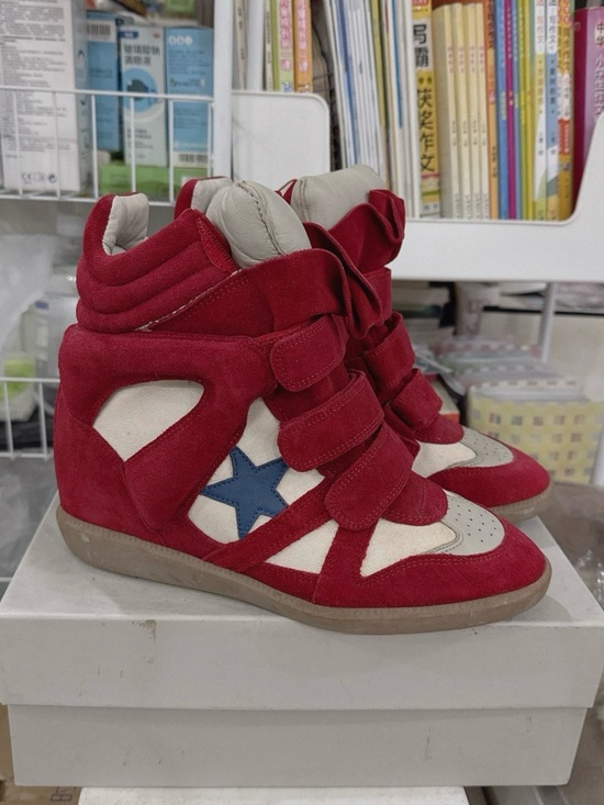 Isabel Marant Shoes - Isabel Marant Red High-Top Wedge Sneakers with Blue Star